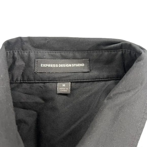 Express Design Studio Mens Medium Black with Grey Ruffle Detail Button-Up Shirt - Picture 2 of 3